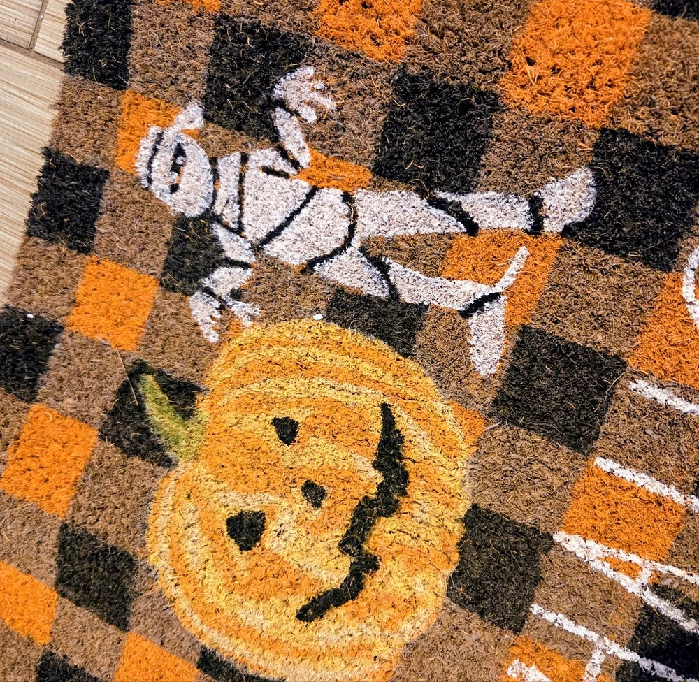 Rae Dunn Halloween Checkered Coir Doormat Orange and Black‎ Mummy Pumpkin